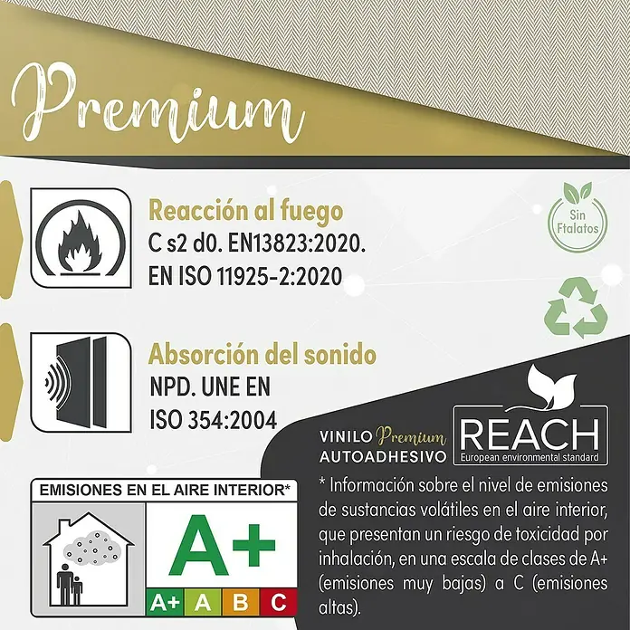 Lámina decorativa autoadhesiva vinílico Premium - 90 x 280 cm, Espiga, Beige - Imagen que muestra las características del producto Premium Vinyl, incluyendo resistencia al fuego, absorción de sonido y clase de emisión A+.