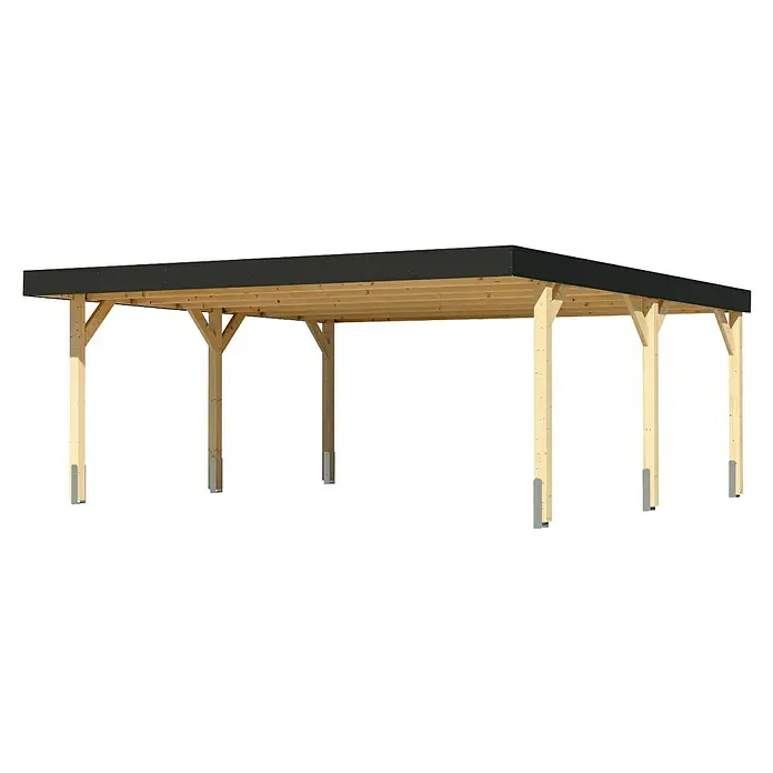 Karibu Carport 1 - Außenmaß inkl. Dachüberstand (B x T): 5,58 x 5,76 m, Doppelcarport, Naturbelassen - Hölzernes Carport mit flachem schwarzem Dach, gestützt von stabilen Holzpfosten und Streben.