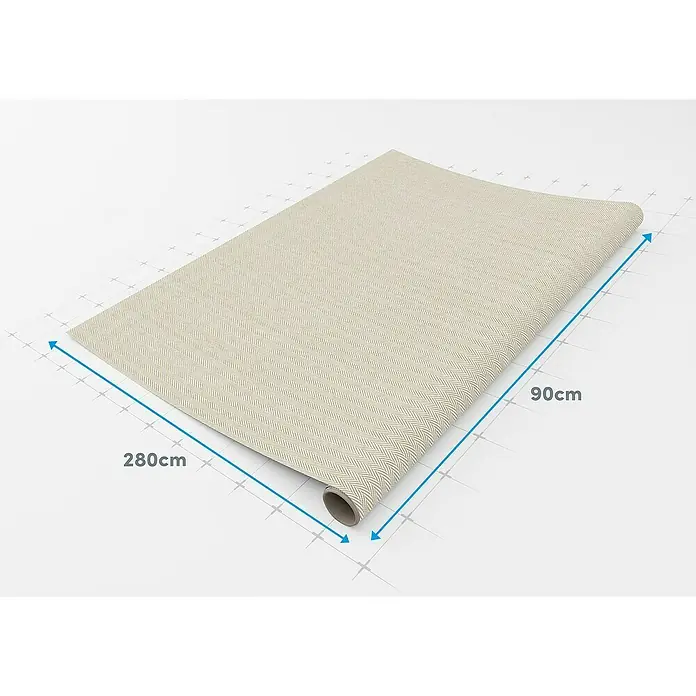 Lámina decorativa autoadhesiva vinílico Premium - 90 x 280 cm, Espiga, Beige - Un rollo de papel pintado beige con diseño de espiga, de 90 cm de ancho y 280 cm de largo, sobre un fondo blanco.