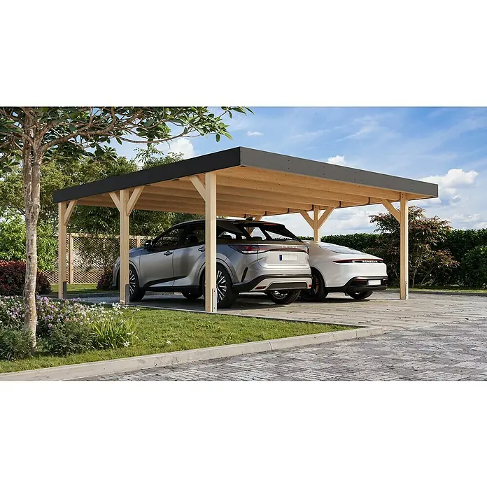 Karibu Carport 1 - Außenmaß inkl. Dachüberstand (B x T): 5,58 x 5,76 m, Doppelcarport, Naturbelassen - Eine moderne Doppelcarport-Konstruktion aus Holz mit einem grauen Lexus und einem weißen Porsche darunter geparkt.