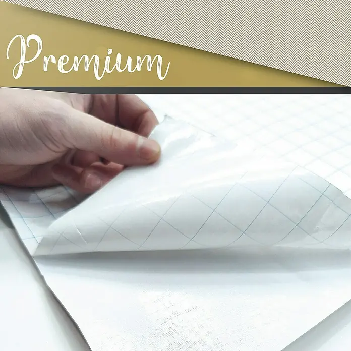 Lámina decorativa autoadhesiva vinílico Premium - 90 x 280 cm, Espiga, Beige - La imagen muestra una lámina autoadhesiva premium con cuadrícula en el dorso, ideal para cortes precisos y aplicaciones versátiles.