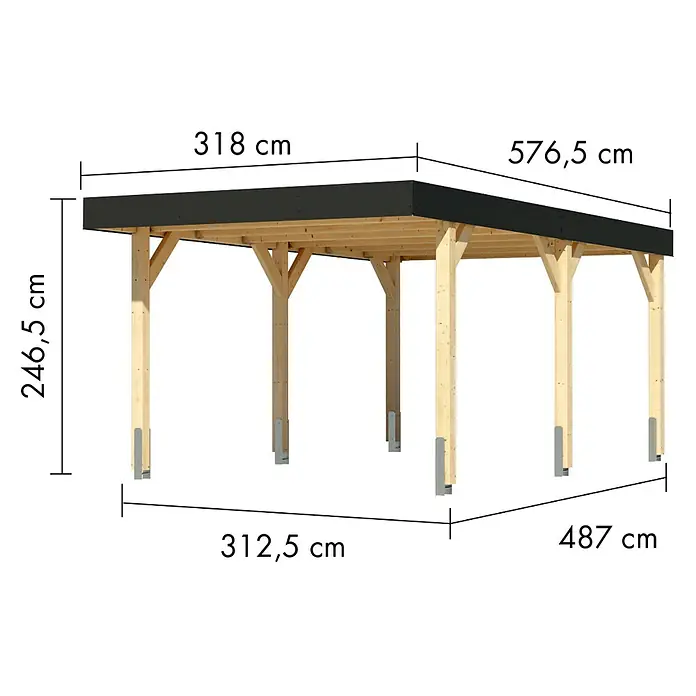 Karibu Carport 1 - Außenmaß inkl. Dachüberstand (B x T): 3,18 x 5,76 m, Naturbelassen - Hölzerner Carport mit schwarzem Flachdach, Maße: 246,5 cm Höhe, 318 cm Breite, 576,5 cm Tiefe.