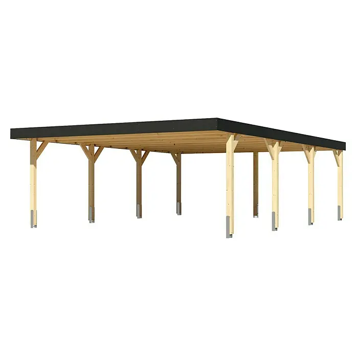 Karibu Carport 2 - Außenmaß inkl. Dachüberstand (B x T): 5,58 x 8,13 m, Doppelcarport, Naturbelassen - Hölzerner Carport mit dunklem Dach, gestützt von Holzpfosten. Ideal als Fahrzeugunterstand.
