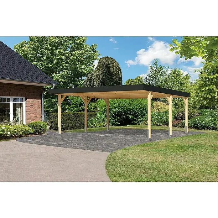 Karibu Carport 1 - Außenmaß inkl. Dachüberstand (B x T): 5,58 x 5,76 m, Doppelcarport, Naturbelassen - Eine moderne Holzkonstruktion mit schwarzem Dach, ideal als Carport oder überdachter Sitzplatz im Garten. Das Design ist schlicht und elegant.