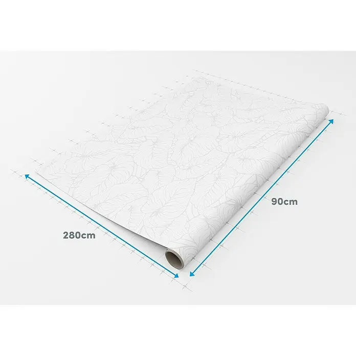 Lámina decorativa autoadhesiva vinílico Premium - 90 x 280 cm, India, Blanco - Una lámina blanca con un sutil patrón de hojas, extendida sobre una superficie plana, con dimensiones indicadas de 280cm y 90cm.
