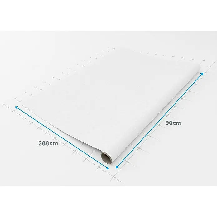 Lámina decorativa autoadhesiva vinílico Premium - 90 x 280 cm, Lien, Blanco - Primer plano de un rollo de papel pintado blanco texturizado, que mide 280 cm x 90 cm, ideal para decoración de paredes y diseño de interiores.