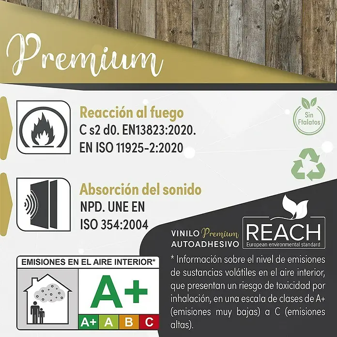 Lámina decorativa autoadhesiva vinílico Premium - 90 x 280 cm, Tablón viejo, Marrón - Imagen del producto que destaca las características del vinilo premium, como la clase de reacción al fuego C s2 d0, la absorción acústica y las emisiones A+ en interiores.