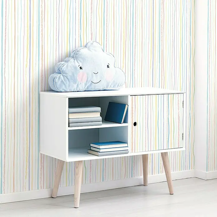 Lámina decorativa autoadhesiva vinílico Premium - 90 x 280 cm, Pastel, Multicolor - Aparador blanco con rayas de colores, nube y libros para una habitación infantil elegante.