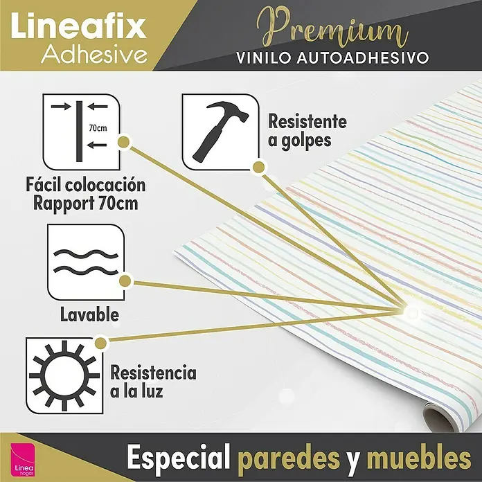 Lámina decorativa autoadhesiva vinílico Premium - 90 x 280 cm, Pastel, Multicolor - Film adhesivo Lineafix con un diseño de rayas. El film es resistente, lavable y fácil de instalar. Ideal para paredes y muebles.