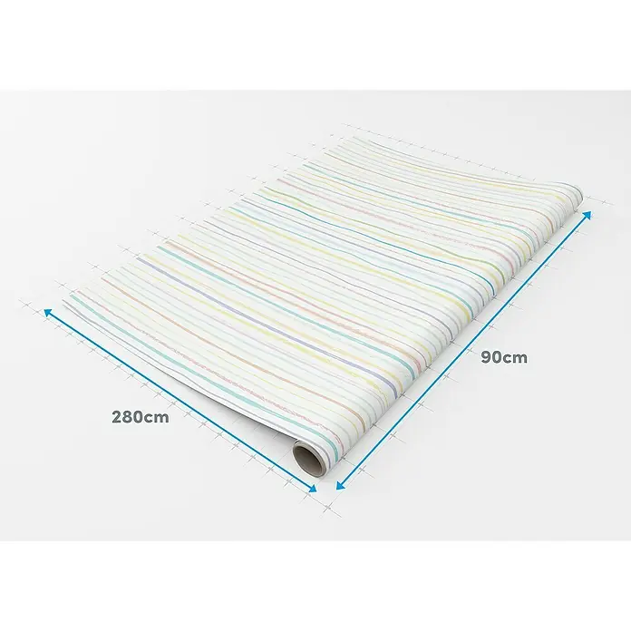 Lámina decorativa autoadhesiva vinílico Premium - 90 x 280 cm, Pastel, Multicolor - Imagen del producto de un rollo de papel pintado de rayas que mide 280 cm x 90 cm, perfecto para el diseño de paredes interiores.