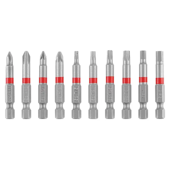 Einhell Set de puntas - 10 pzs. - Imagen de puntas de destornillador de acero S2 con anillo rojo, varios tamaños (PH1, PZ1, T15, T20, T25, T30, S1 y S2).