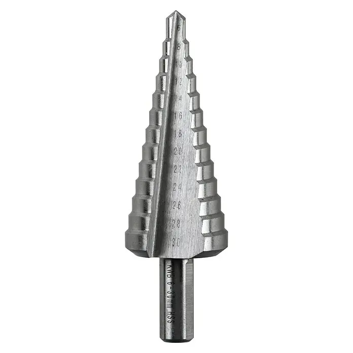 KWB Broca escalonada - Diámetro de la broca: 30 mm, Diámetro vástago: 10 mm - Broca escalonada de metal con marcas de tamaño de 6 a 30 mm, ideal para perforar varios tamaños de agujeros en metal.