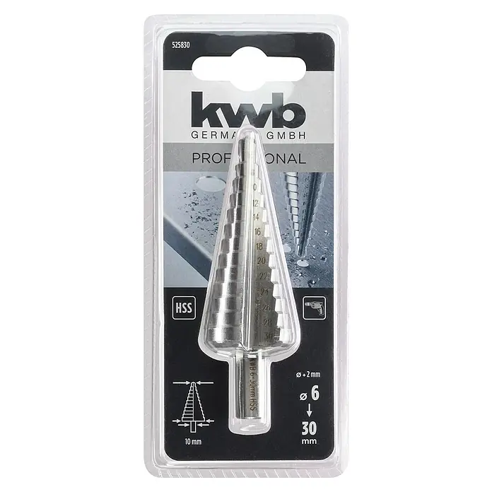 KWB Broca escalonada - Diámetro de la broca: 30 mm, Diámetro vástago: 10 mm - Imagen de un embalaje de broca escalonada KWB, ideal para perforar varios orificios en materiales.