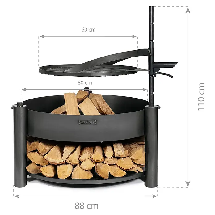 CookKing Feuerschale Montana X - Durchmesser: 88 cm, Stahl - Schwarze Metall-Feuerstelle mit integrierter Holzaufbewahrung und verstellbarem Rundgrillrost.