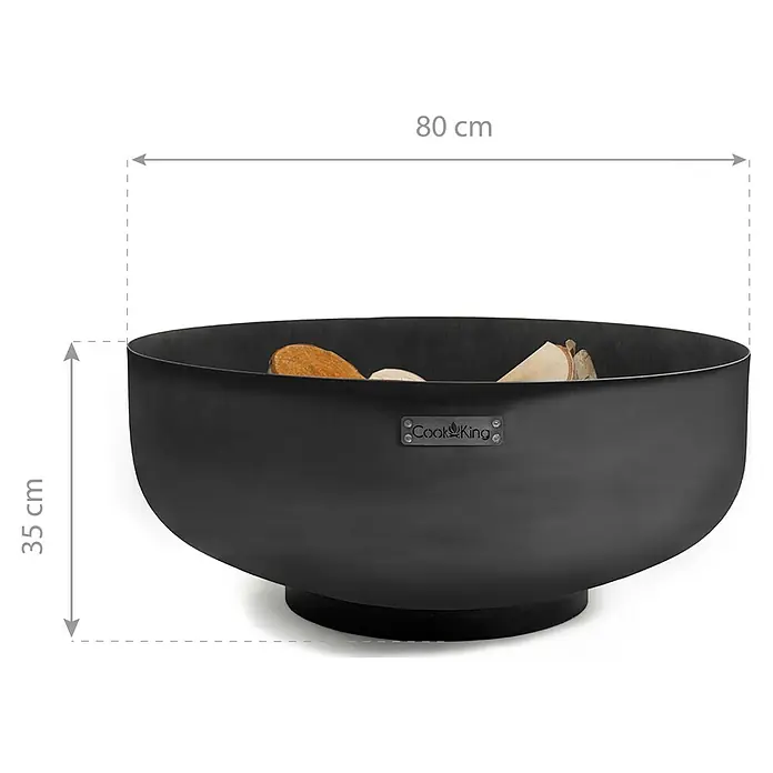CookKing Feuerschale Palermo - Durchmesser: 80 cm, Stahl - Schwarze Feuerschale in Schalenform mit Holz, 80 cm Durchmesser, 35 cm hoch.