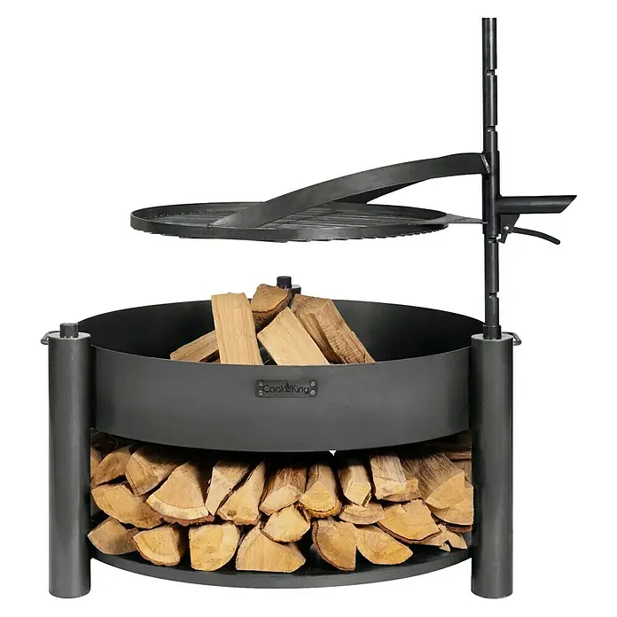 CookKing Feuerschale Montana X - Durchmesser: 88 cm, Stahl - Runder, anthrazitfarbener Feuertisch mit Holzablage und verstellbarem Grillrost.