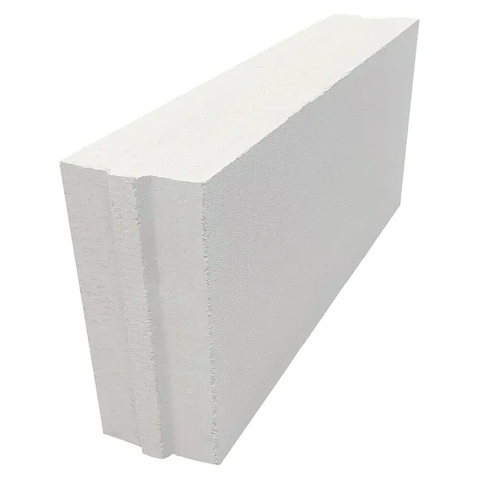 Porenbetonstein PP4 - 60 x 11,5 x 24,9 cm, Druckfestigkeit: Klasse 4 - Weißer rechteckiger Porenbetonstein mit strukturierter Oberfläche und Nuten, schräg von oben.