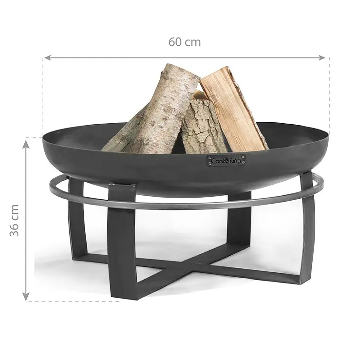 CookKing Feuerschale Viking - Durchmesser: 60 cm, Stahl - Dunkle Metall-Feuerschale (60 cm Durchmesser, 36 cm hoch) auf stabilem Ständer, mit Holzscheiten gefüllt.