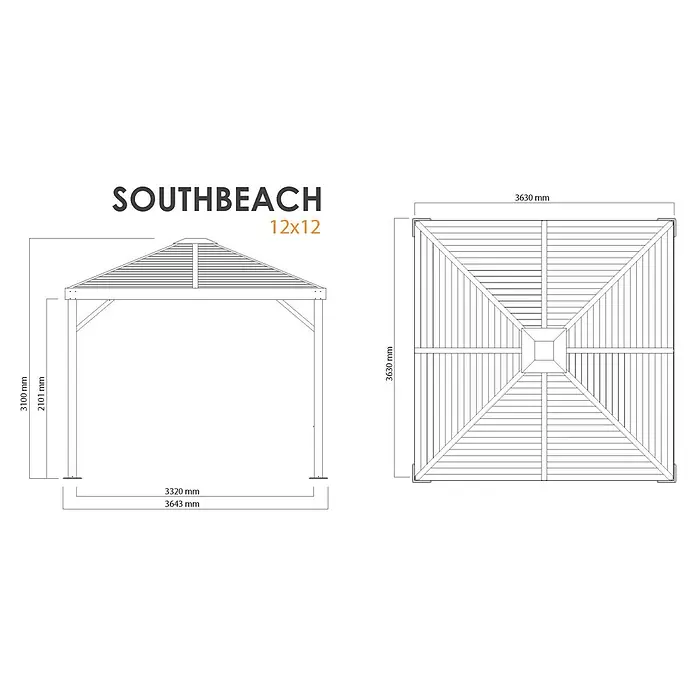 Sojag Standard-Pavillon Premium South Beach 1212 - Basaltgrau, Aluminium, B x T: 364,3 x 364,3 cm - Technische Zeichnung eines quadratischen SOUTHBEACH 12x12 Pavillons mit Pyramidendach, Maße anzeigend.