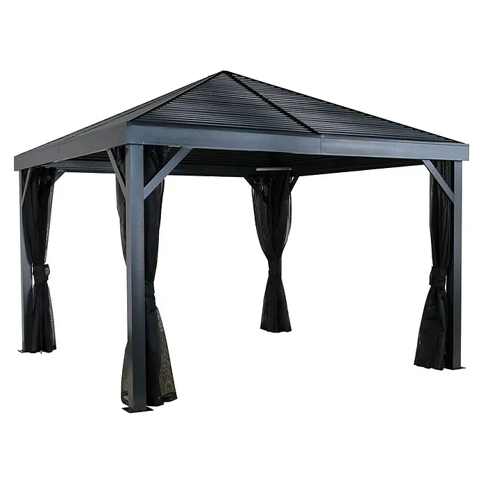 Sojag Standard-Pavillon Premium South Beach 1212 - Basaltgrau, Aluminium, B x T: 364,3 x 364,3 cm - Dunkelgraues Metallpavillon mit Wellblechdach und zurückgebundenen schwarzen Netzvorhängen.