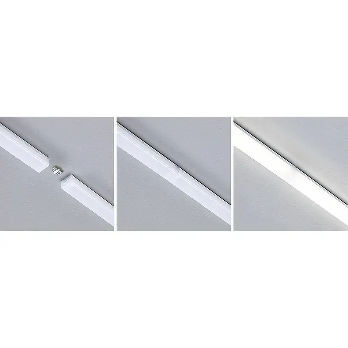 Paulmann LED-Unterbauleuchten-Set Barreo - L x B x H: 22 x 300 x 16 mm, Neutralweiß - LED-Röhrenverbinder in der Montage. Die drei Bilder zeigen, wie die LED-Röhre mit einem Verbinder zusammengefügt und eingeschaltet wird.