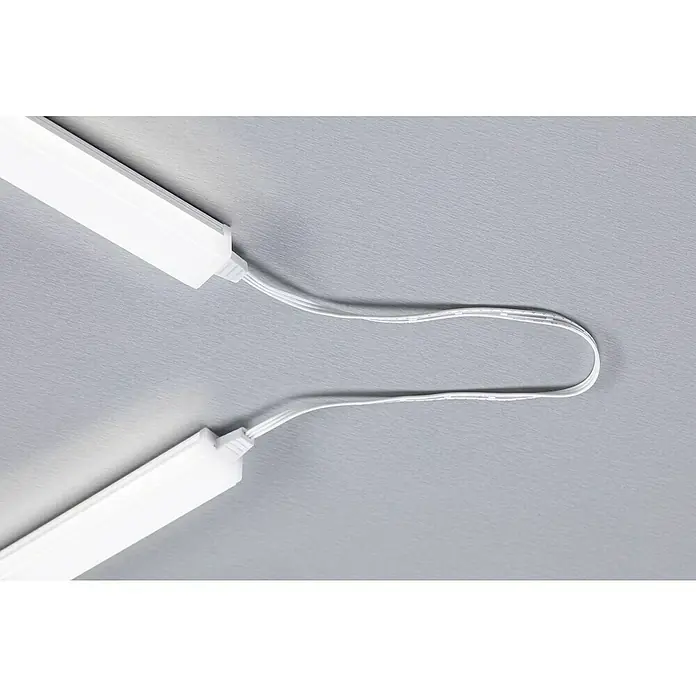 Paulmann LED-Unterbauleuchten-Set Barreo - L x B x H: 22 x 300 x 16 mm, Neutralweiß - Detailaufnahme von zwei weißen LED-Leuchten, die durch ein weißes Kabel verbunden sind, vor einem grauen Hintergrund.