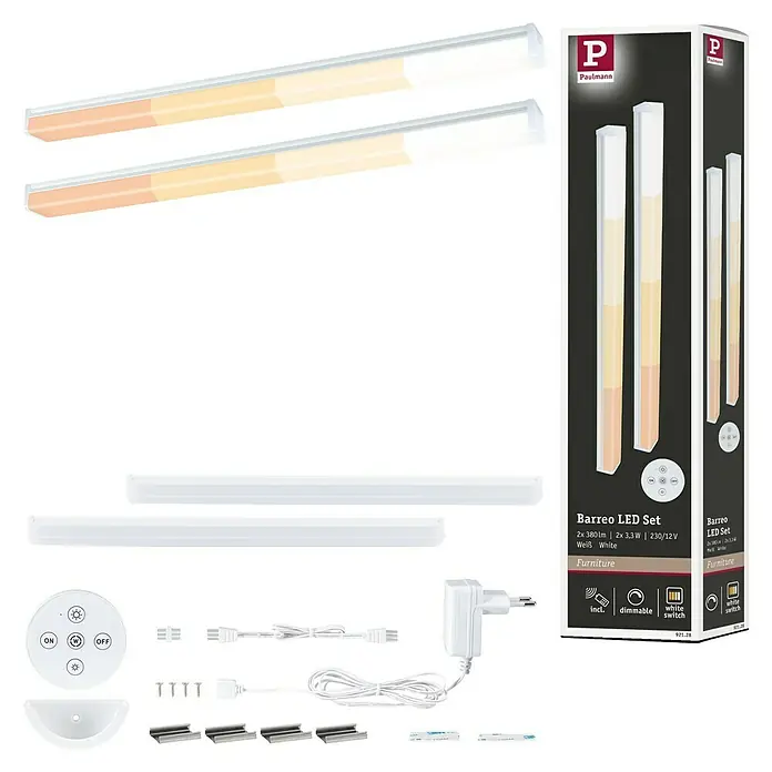 Paulmann LED-Unterbauleuchten-Set Barreo - L x B x H: 22 x 300 x 16 mm, Neutralweiß - Produktbild des Paulmann Barreo LED-Sets mit Zubehör, bestehend aus zwei Leuchten, Fernbedienung, Netzteil und Montagezubehör.