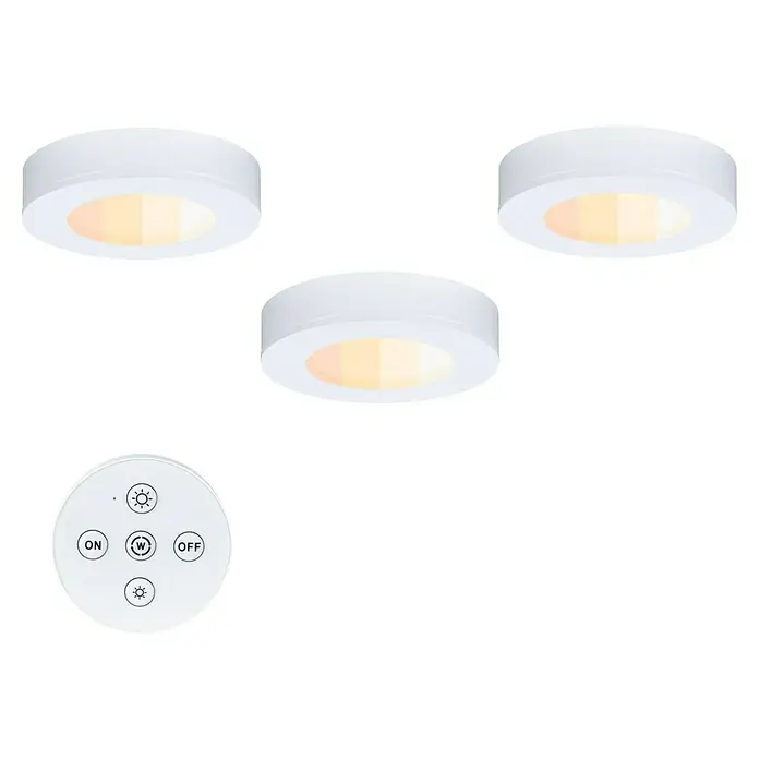 Paulmann Juego de lámparas bajo mueble LED Batuno - Blanco cálido, 3 ud., Ø x Al: 70 x 15 mm, Blanco - Luz LED bajo mueble de tres piezas con control remoto. Las luces LED blancas son ideales para iluminar armarios de cocina o estanterías.