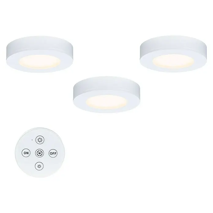 Paulmann Juego de lámparas bajo mueble LED Batuno - Blanco cálido, 3 ud., Ø x Al: 70 x 15 mm, Blanco - Luz LED triple bajo mueble con control remoto para fácil ajuste de brillo y encendido/apagado, brindando iluminación de cocina conveniente.