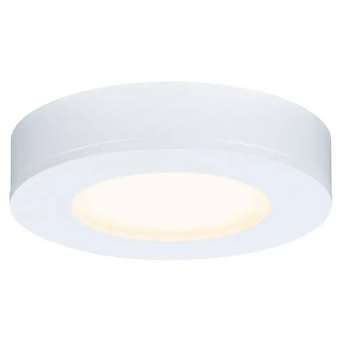 Paulmann LED-Unterbauleuchten-Set - Warmweiß, 3 Stk., Ø x H: 70 x 15 mm, Weiß - Nahaufnahme einer runden, weißen Deckenleuchte mit warmem Licht, ideal für moderne Innenräume und energieeffiziente Beleuchtung.