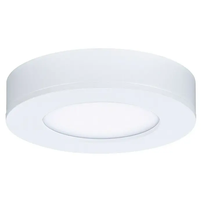 Paulmann LED-Unterbauleuchten-Set - Warmweiß, 3 Stk., Ø x H: 70 x 15 mm, Weiß - Nahaufnahme einer runden, weißen LED-Deckenleuchte. Die Leuchte hat ein modernes, minimalistisches Design und spendet helles, gleichmäßiges Licht.