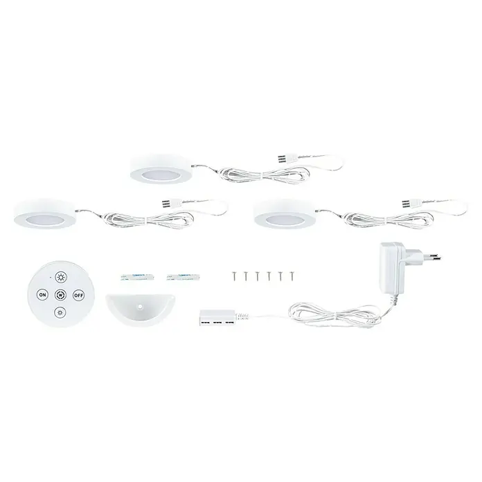 Paulmann Juego de lámparas bajo mueble LED Batuno - Blanco cálido, 3 ud., Ø x Al: 70 x 15 mm, Blanco - Juego de luces LED con control remoto, cable de alimentación, conectores y accesorios de montaje para una fácil instalación y operación.