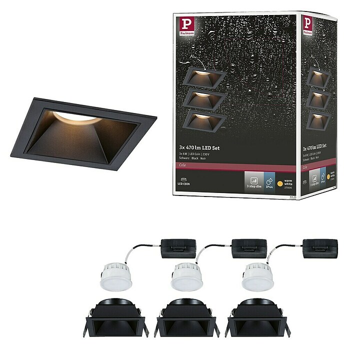 Paulmann Led-inbouwspotset (Zwart, 3 st., Warm wit) | BAUHAUS