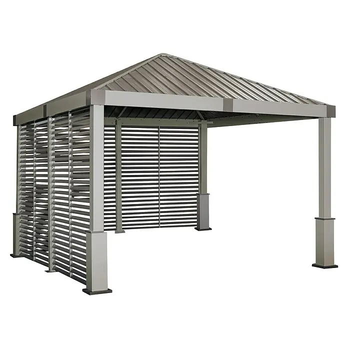 Sojag Standard-Pavillon Nanda 1212 - B x T: 363 x 363 cm, Champagner, Aluminium - Graues Metall-Gartenpavillon mit festem Dach und Lamellen-Seitenwänden für den Außenbereich.