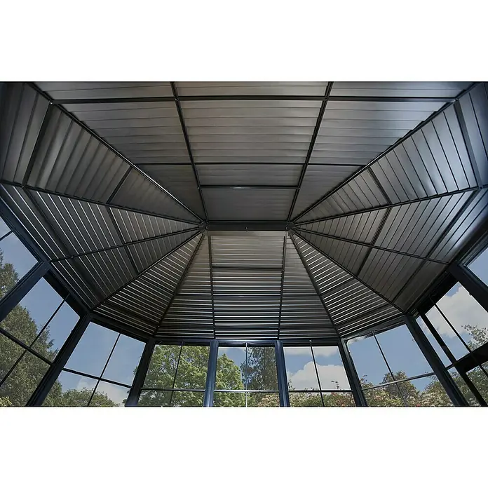 Sojag Standard-Pavillon Charleston 1212 - B x T: 383,6 mm x 383,6 cm, Anthrazit, Aluminium - Graue Metall-Pavillondachkonstruktion von innen, mit Lamellenplatten und umlaufenden Fenstern.