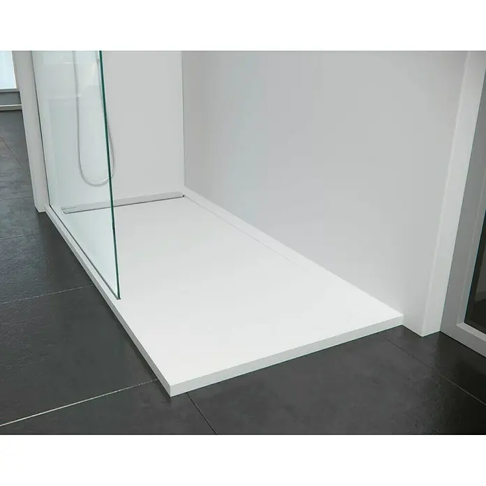 Torvisco Plato de ducha Karma - L x An: 70 x 120 cm, Material compuesto, Blanco - Plato de ducha rectangular blanco a ras de suelo con mampara de vidrio. Su diseño moderno se integra en cualquier estilo de baño.