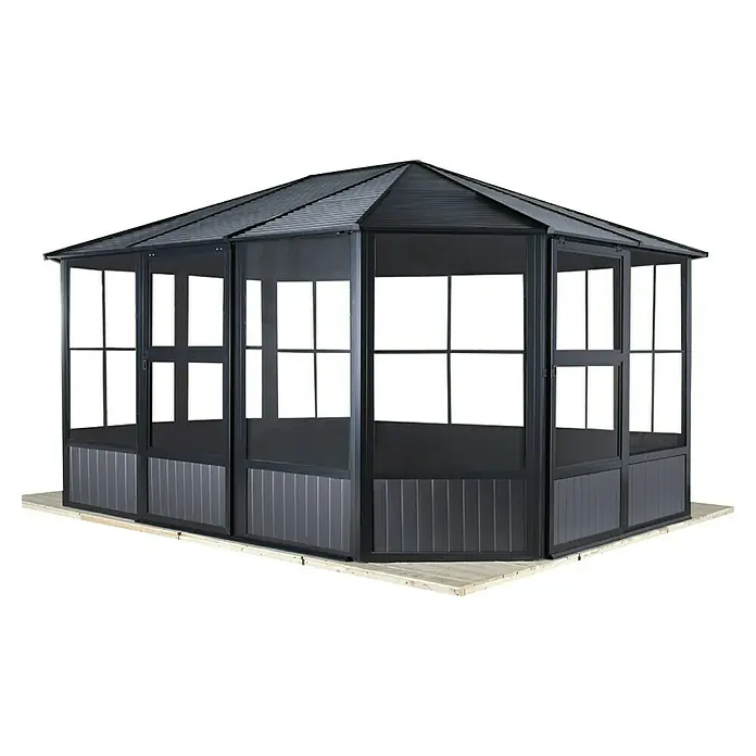 Sojag Standard-Pavillon Charleston 1212 - B x T: 383,6 mm x 383,6 cm, Anthrazit, Aluminium - Dunkelgrauer Pavillon mit durchsichtigen Fensterpaneelen und massiven unteren Paneelen auf hellem Holzsockel.