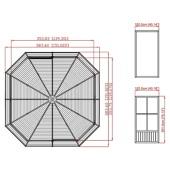 Sojag Standard-Pavillon Charleston 1212 - B x T: 383,6 mm x 383,6 cm, Anthrazit, Aluminium - Technischer Zeichnung eines achteckigen Pavillons, mit Draufsicht der Gesamtmaße und Seitenansichten von Wand- und Fensterpaneelen inklusive Maßen.