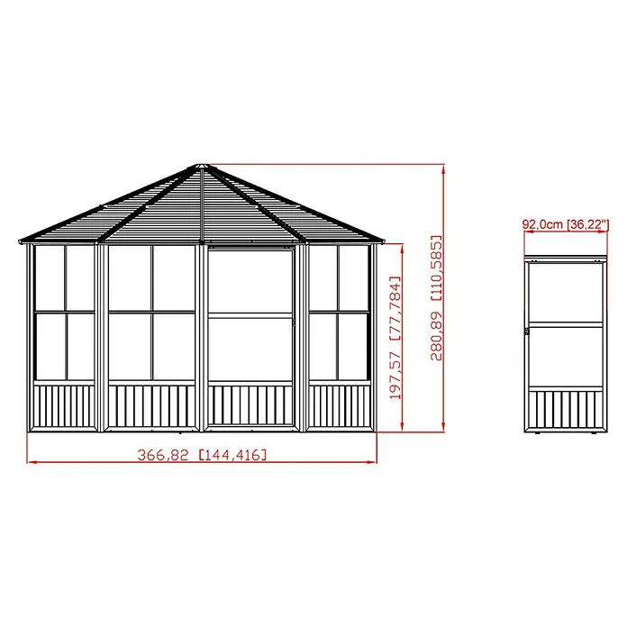 Sojag Standard-Pavillon Charleston 1212 - B x T: 383,6 mm x 383,6 cm, Anthrazit, Aluminium - Technische Zeichnung eines sechseckigen Pavillons mit Vorder- und Seitenansicht und Maßen in cm und Zoll.