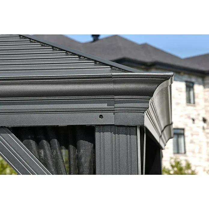 Sojag Standard-Pavillon Mykonos 1014 - B x T: 425 x 299 cm, Anthrazit, Aluminium - Strukturiertes, dunkelgraues Pavillondach und Stützsäule mit Zierleiste und schwarzem Netzgewebe.