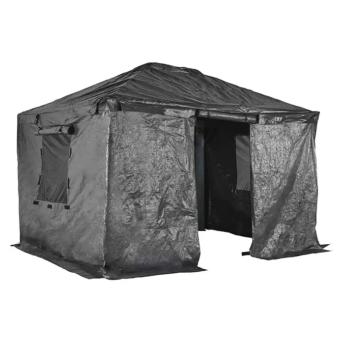 Sojag Winterschutz - Passend für Sojag 1010 Pavillon Modelle - Dunkelgraues Schwerlast-Planenzelt mit offenem Eingang und hochgerolltem Seitenfenster.