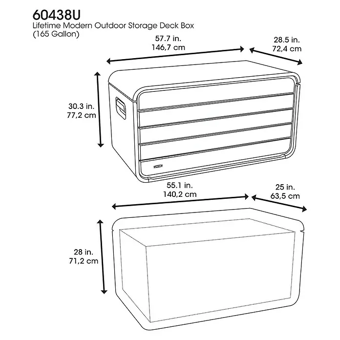 Aufbewahrungsbox Space XL - B x T x H: 146,7 x 72,4 x 77,2 cm, Kunststoff, Anthrazit - Lifetime 165-Gallonen Outdoor-Aufbewahrungsbox als Strichzeichnung mit Maßen.