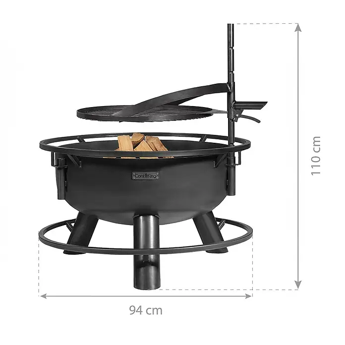 CookKing Feuerschale Bandito - Durchmesser: 94 cm, Stahl - Schwarze Metall-Feuerschale mit verstellbarem Schwenkgrill und Holzscheiten. Maße: 94 cm breit, 110 cm hoch.