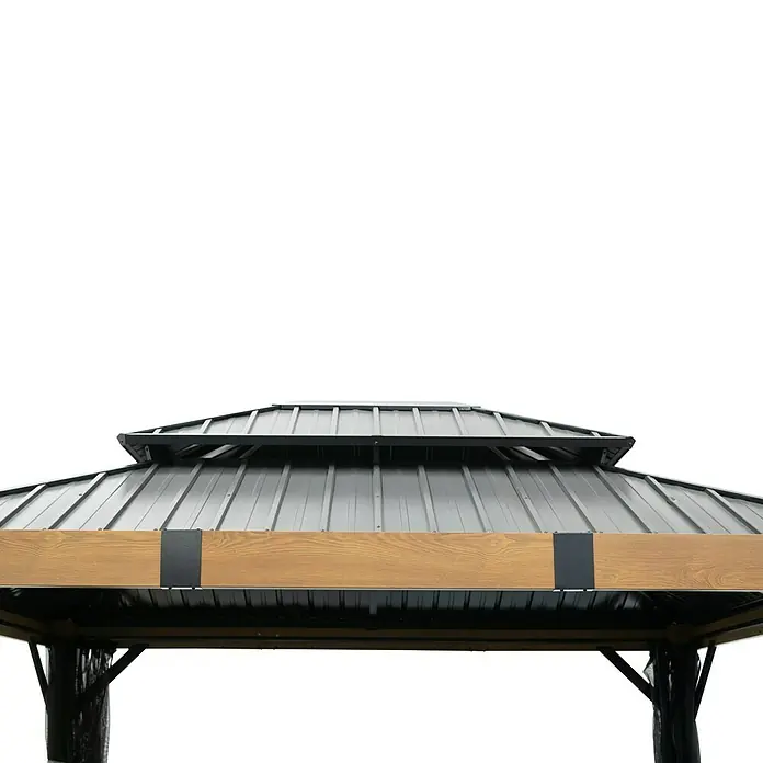 Sojag Standard-Pavillon Fontana 1012 - Holzoptik, Aluminium, B x T: 364,3 x 298 cm - Zweigeschossiges, dunkles Metall-Pavillondach mit einem Holzbalken darunter.