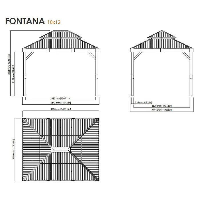 Sojag Standard-Pavillon Fontana 1012 - Holzoptik, Aluminium, B x T: 364,3 x 298 cm - Technische Zeichnungen eines Fontana 10x12 Pavillons mit detaillierten Maßen für Front-, Seiten- und Draufsicht.