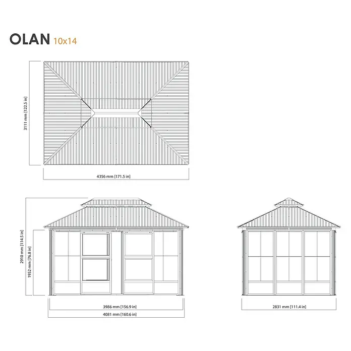 Sojag Standard-Pavillon Olan 1014 - Anthrazit, Aluminium, B x T: 311,1 x 435,6 cm - Technische Zeichnung eines OLAN 10x14 Pavillons, mit Draufsicht, Vorder- und Seitenansicht inklusive Gesamtmaßen für den Terrassenschutz.