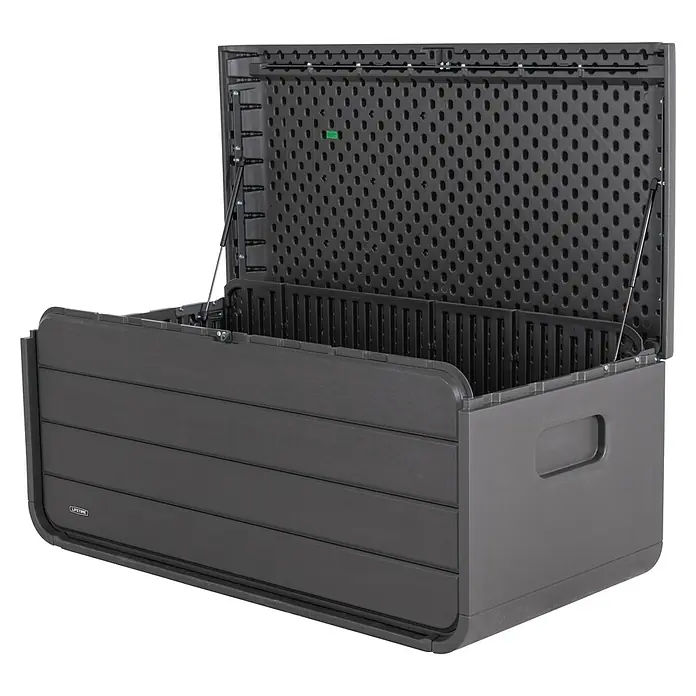 Aufbewahrungsbox Space L - B x T x H: 147,1 x 72 x 63,6 cm, Kunststoff, Anthrazit - Dunkelgraue Kunststoff-Outdoor-Aufbewahrungsbox mit offenem Deckel.