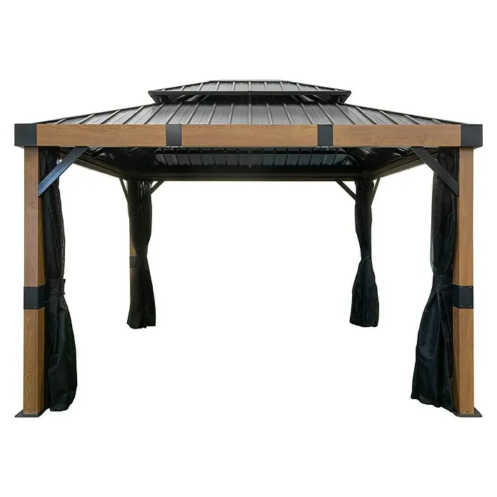 Sojag Standard-Pavillon Fontana 1012 - Holzoptik, Aluminium, B x T: 364,3 x 298 cm - Schwarzmetall-Hardtop-Pavillon mit Holzoptikbalken und schwarzen Netzvorhängen.