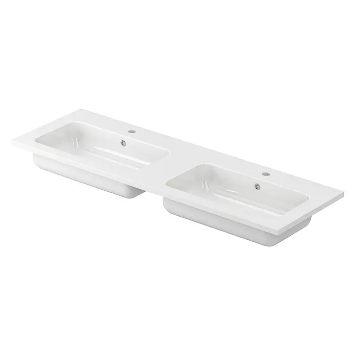 Lavabo doble Zeppelin - 140,5 x 45,5 cm, Orificios para grifo: Medio, Blanco brillo - Una encimera de lavabo doble larga y blanca con dos lavabos y orificios para grifos. Ideal para baños espaciosos con varios usuarios.