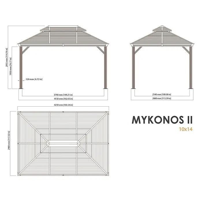 Sojag Standard-Pavillon Mykonos 1014 - B x T: 425 x 299 cm, Anthrazit, Aluminium - Technisches Diagramm eines Mykonos II 10x14 Pavillons, mit Vorder-, Seiten- und Draufsicht sowie detaillierten Abmessungen.